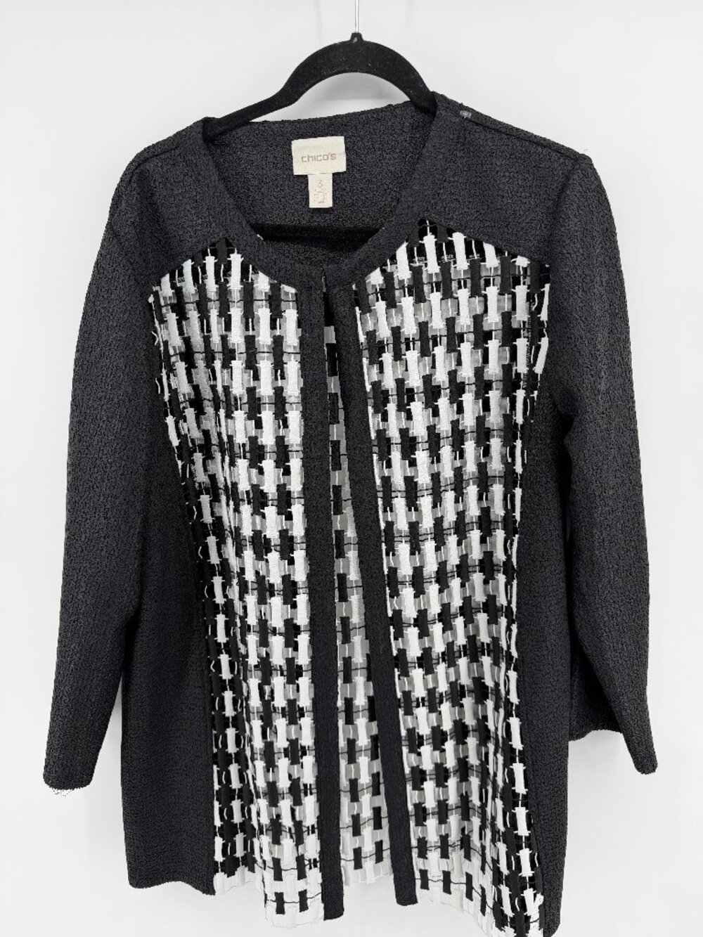 Chicos Sweater Women's 3 Black White 16 Cardigan Mixed Fabric Jacket 3/4 Sleeve